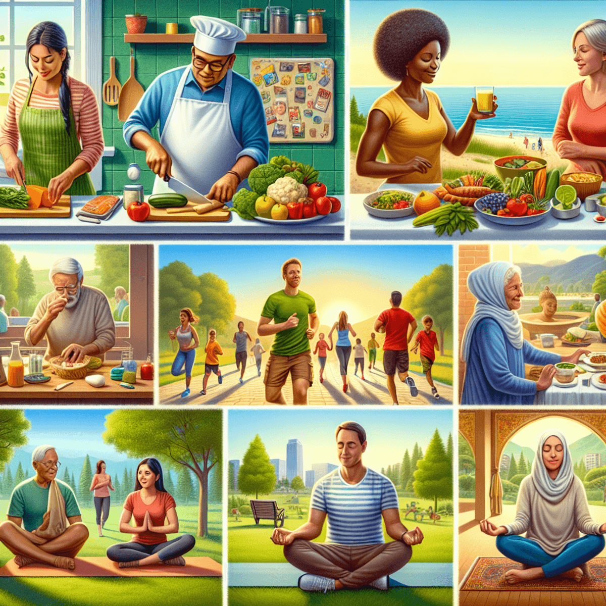 Liver Cirrhosis Treatment 3 A vibrant kitchen scene featuring a South Asian man and a black woman joyfully preparing healthy meals together, surrounded by fresh vegetables and colorful ingredients. In the background, a lush park where a Middle Eastern woman and a white man are engaged in outdoor exercises, such as jogging and stretching. Nearby, a Hispanic man sits peacefully in meditation, exuding calmness and serenity. The overall atmosphere conveys a strong sense of community, positivity, and the importance of healthy lifestyle choices.