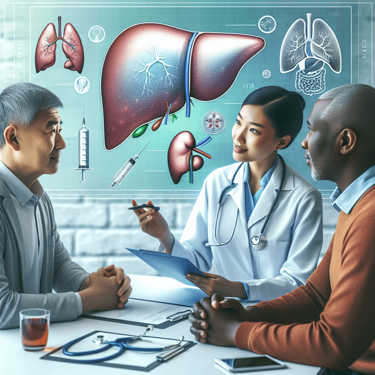 Liver Cirrhosis Treatment 4 A Caucasian male doctor and an Asian female nurse are engaged in a discussion with a middle-aged Black male patient in a clinical setting. The background features illustrated charts of liver structures and various medical equipment, such as a stethoscope, ultrasound machine, and syringe, highlighting the themes of hepatitis treatment and liver cirrhosis management.