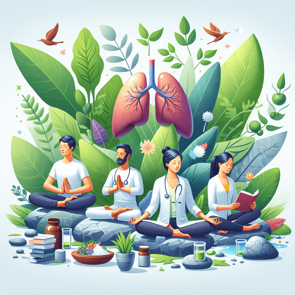 Liver Cirrhosis Treatment 2 A serene Ayurvedic clinic environment featuring a Caucasian woman in deep meditation, an Asian man practicing yoga, and a Hispanic woman reading about wellness. They are surrounded by lush green plants, natural rocks, and a small water feature, creating a peaceful atmosphere that symbolizes healing and balance, all focused on promoting liver health. The scene captures a realistic style that enhances the natural and health-promoting ambiance of the clinic.