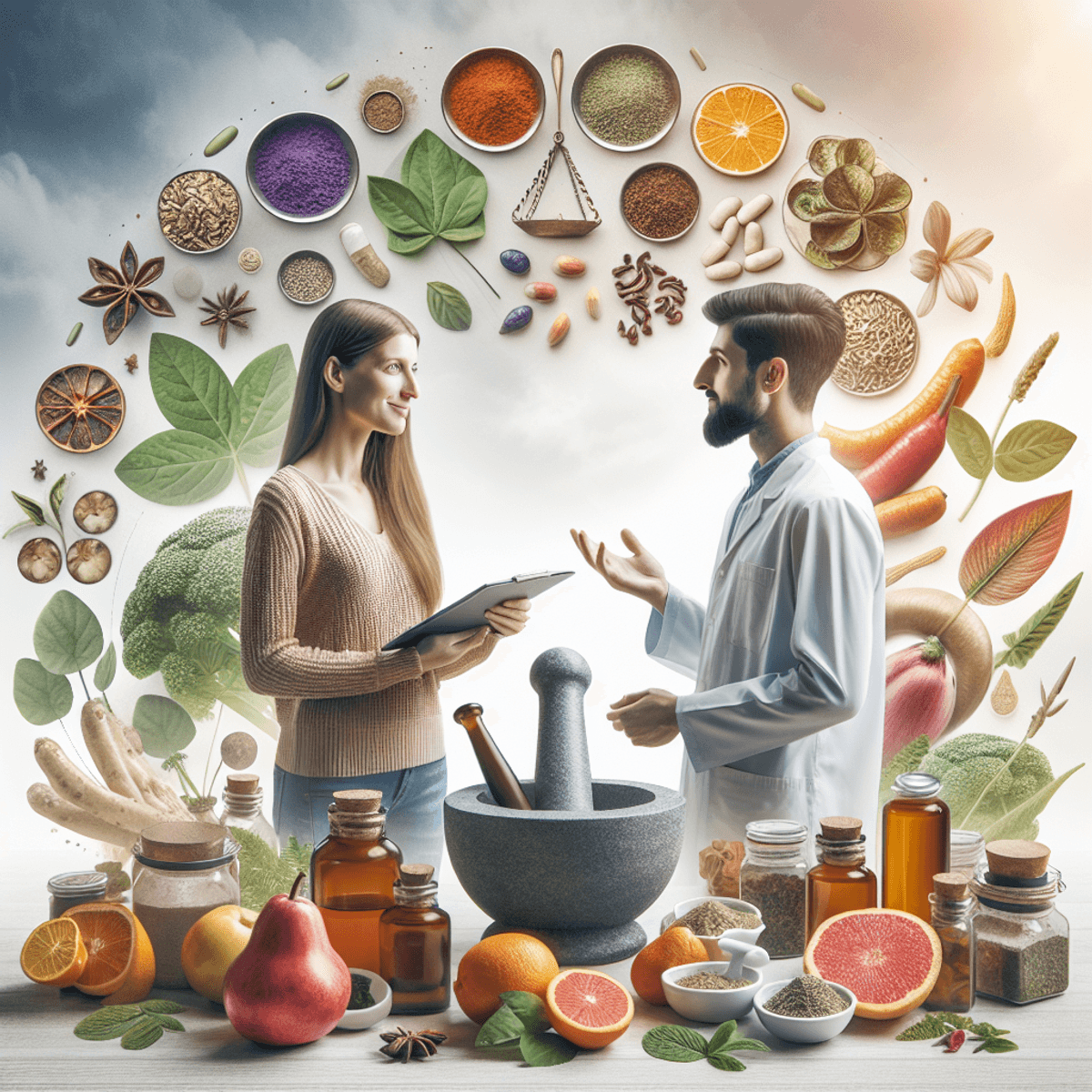 Liver Cirrhosis Treatment 5 A Caucasian woman and an Asian man engaged in a discussion about health and wellness, surrounded by elements of Ayurveda including herbal concoctions, vibrant fruits and vegetables, and a mortar and pestle. The serene backdrop evokes calmness and well-being, highlighting a focus on holistic liver health.