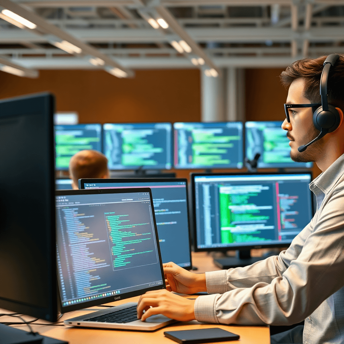 A modern workspace with a team collaborating on frontend and backend coding, multiple screens showing code and UI designs in a bright, focused environment.