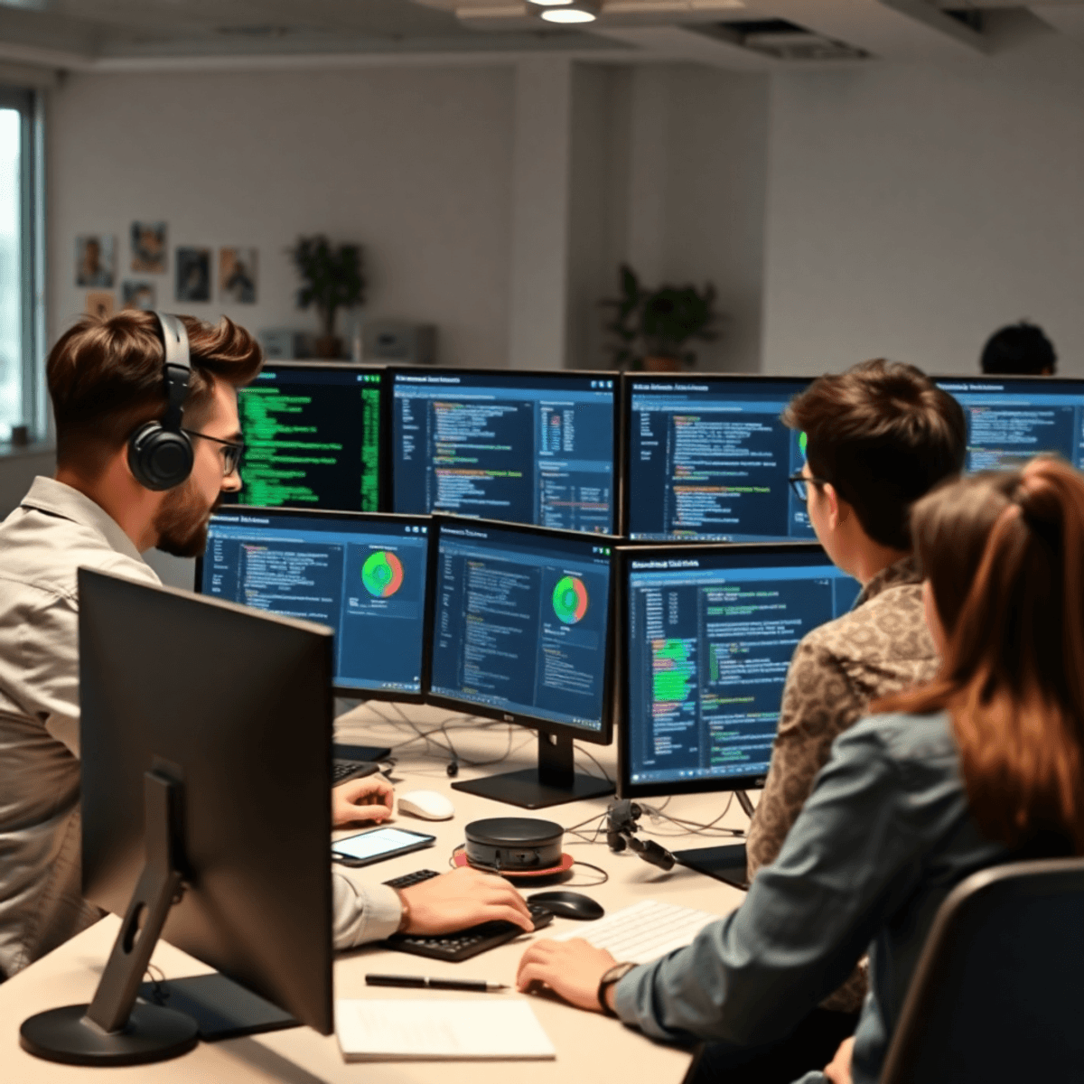 A team of professionals collaborating at computers with code and testing dashboards visible, highlighting real-time feedback and progress in software development.