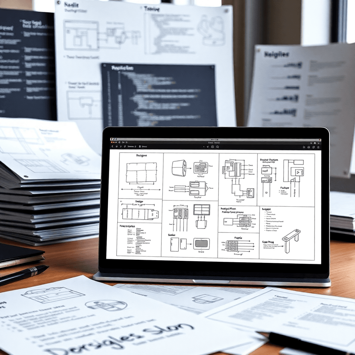 A modern workspace with a laptop showing technical diagrams, surrounded by design sketches and coding notes, illustrating the process from design to development.