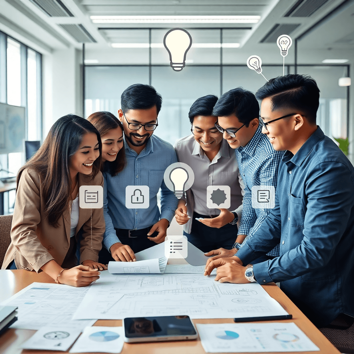 Professionals collaborating over software design blueprints and devices, surrounded by flowcharts and idea validation icons in a modern office.
