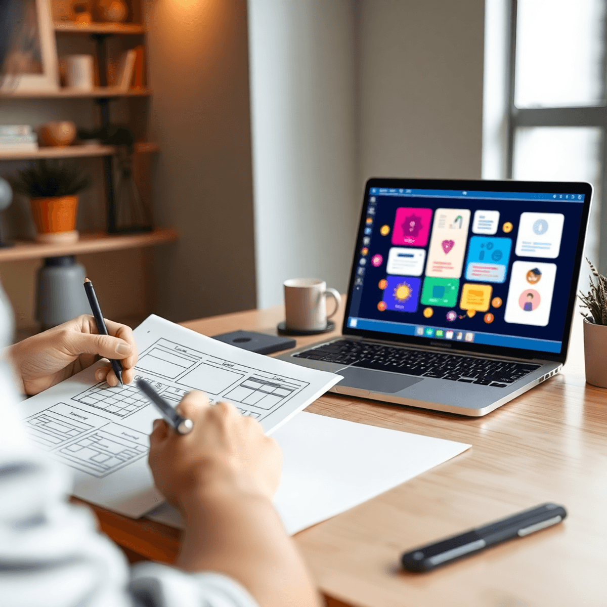 Designer sketching UI wireframes on paper beside a laptop showing a colorful UX/UI prototype, with empathy and collaboration icons in the background.