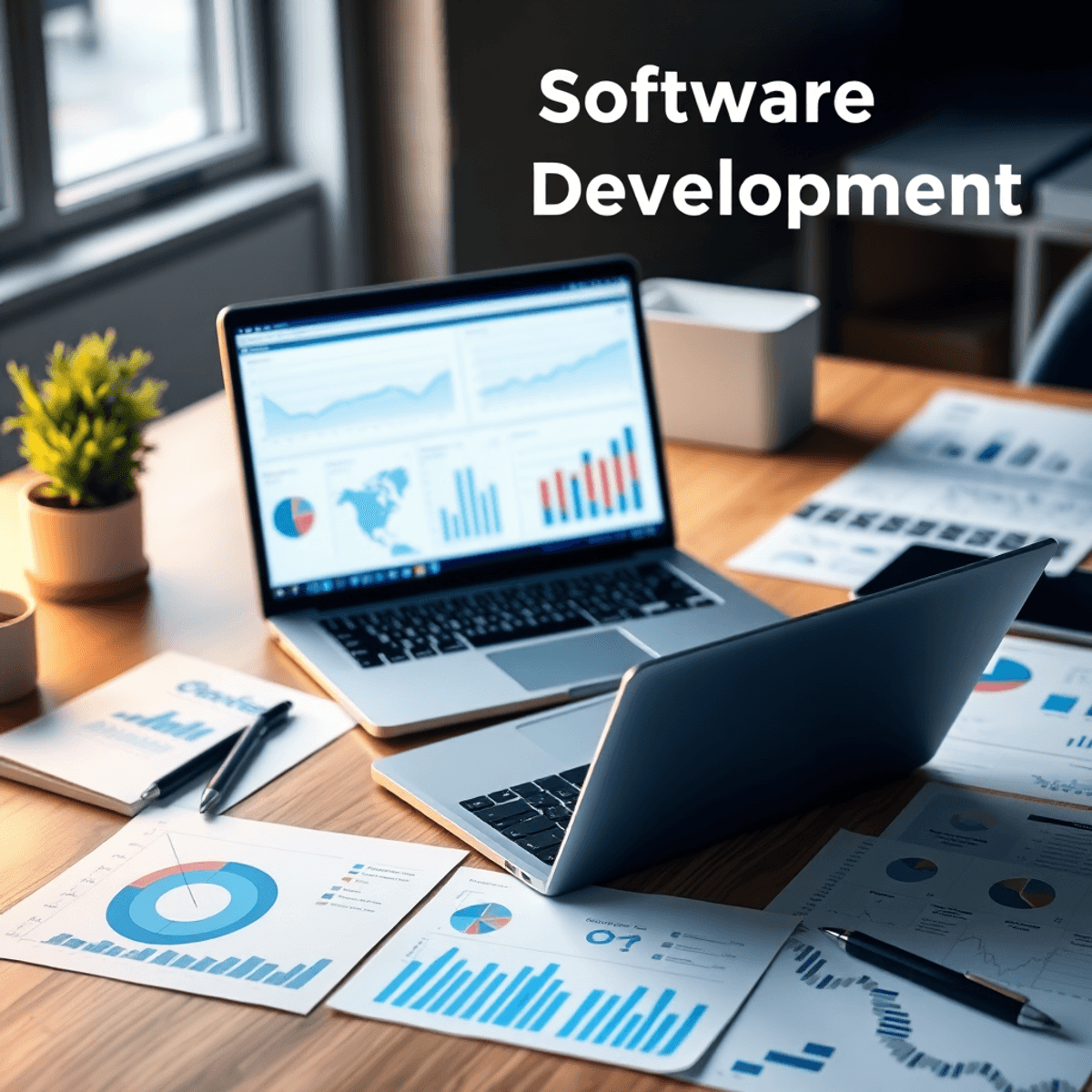 A modern desk with a laptop, digital charts, graphs, and notes, representing research and data analysis in software development.