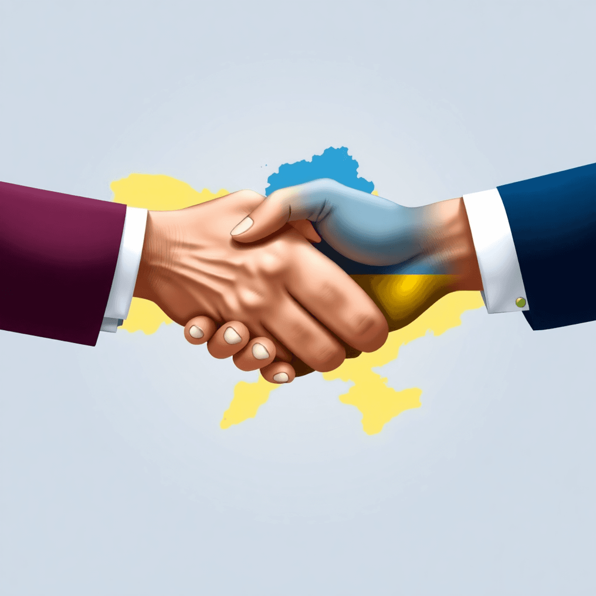 russia-ukraine-yudh-in-hindi यूक्रेन के नक्शे के ऊपर दो हाथों का सौहार्दपूर्ण हाथ मिलाना, शांति और संघर्ष समाधान का प्रतीक।