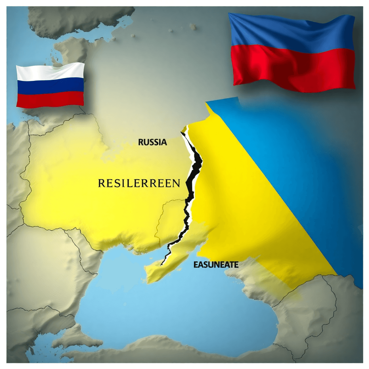 russia-ukraine-yudh-in-hindi एक नाटकीय मानचित्र जिसमें क्रीमिया और पूर्वी यूक्रेन को दर्शाया गया है, टूटे सीमा रेखा और रूस-यूक्रेन के झंडे दिखाए गए हैं।