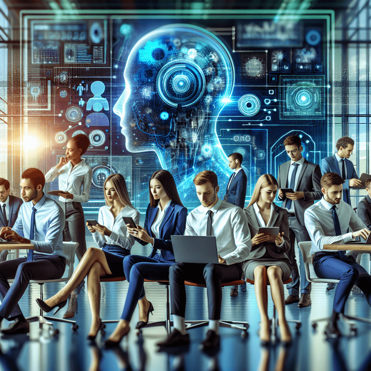 A diverse group of professionals, including Caucasian, Asian, and Hispanic individuals, collaborating in a modern office environment. They are engaged with advanced AI technology on sleek devices, surrounded by vibrant digital screens displaying data analytics and automation tools. The scene captures a harmonious interaction among the team members, emphasizing the integration of artificial intelligence in their work.