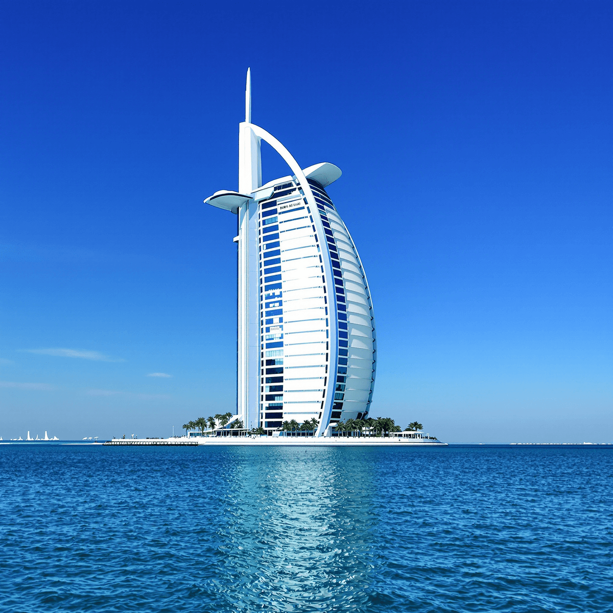 Burj Al Arab hotel on its island with sail-shaped design, clear blue sky, and calm Arabian Gulf waters, symbolizing luxury and exclusivity.