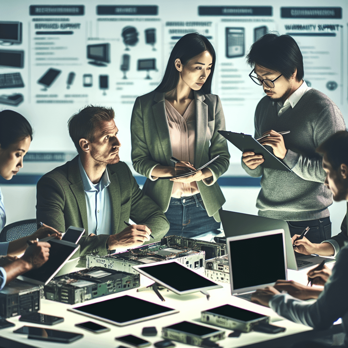 A diverse group of professionals, including a Caucasian woman and an Asian man, are collaborating around a table filled with refurbished electronic devices. They are engaged in discussion, with laptops open and notepads in use. The modern, well-lit environment conveys a sense of reliability and teamwork within the tech sector. The scene is rich with symbols of technology and collaboration, while avoiding any legible text.