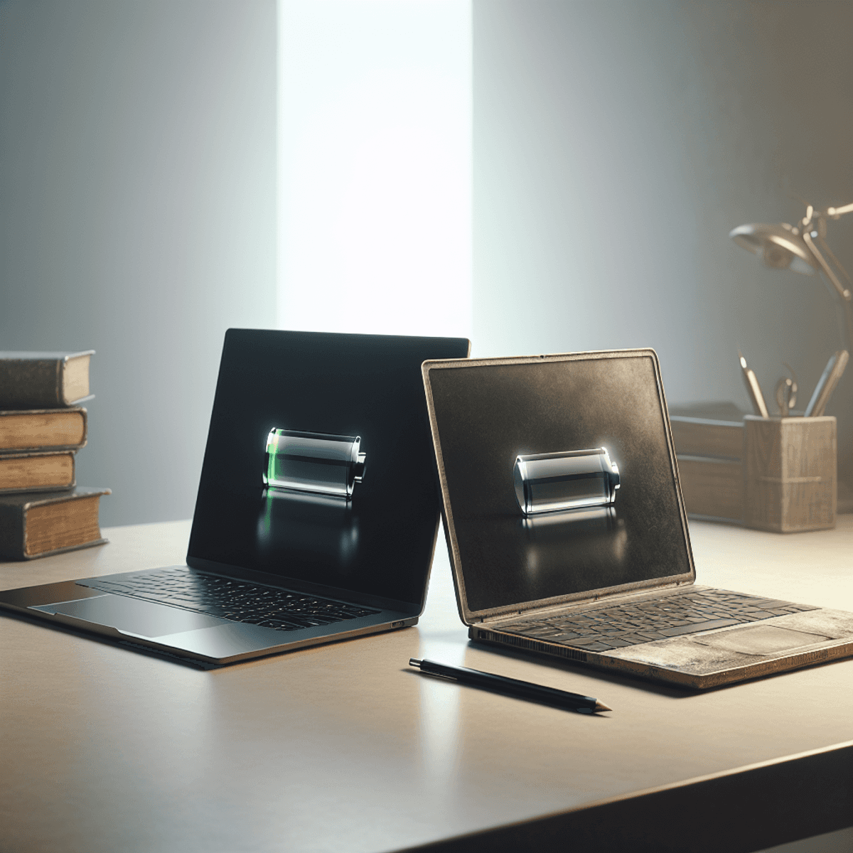 A sleek, modern laptop with a low battery icon sits next to an older, weathered laptop on a clean workspace, illuminated by soft lighting that creates an atmosphere of urgency for technology upgrades. The background features a mix of modern and antiquated objects, enhancing the contrast between the two laptops.