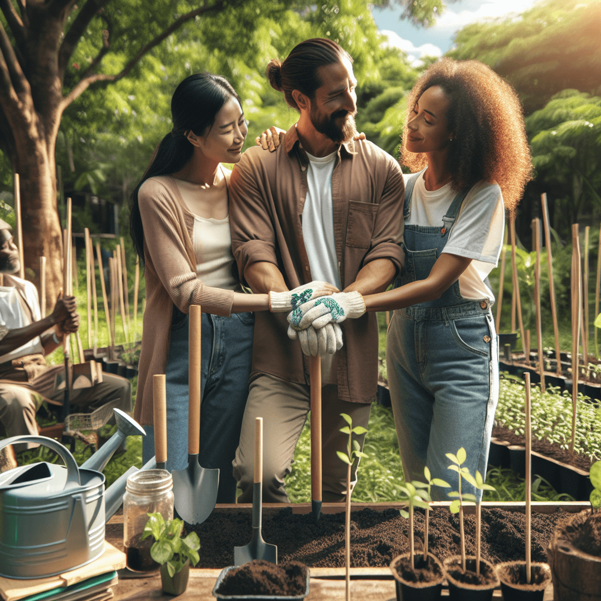 A Caucasian woman, an Asian man, and a Hispanic woman kneel together in a vibrant community garden, surrounded by lush greenery and tree saplings. They are engaged in planting seedlings, using colorful gardening tools. The scene is filled with earthy tones, highlighting their cooperation and shared commitment to environmental care as they smile and share ideas amidst the flourishing plants.