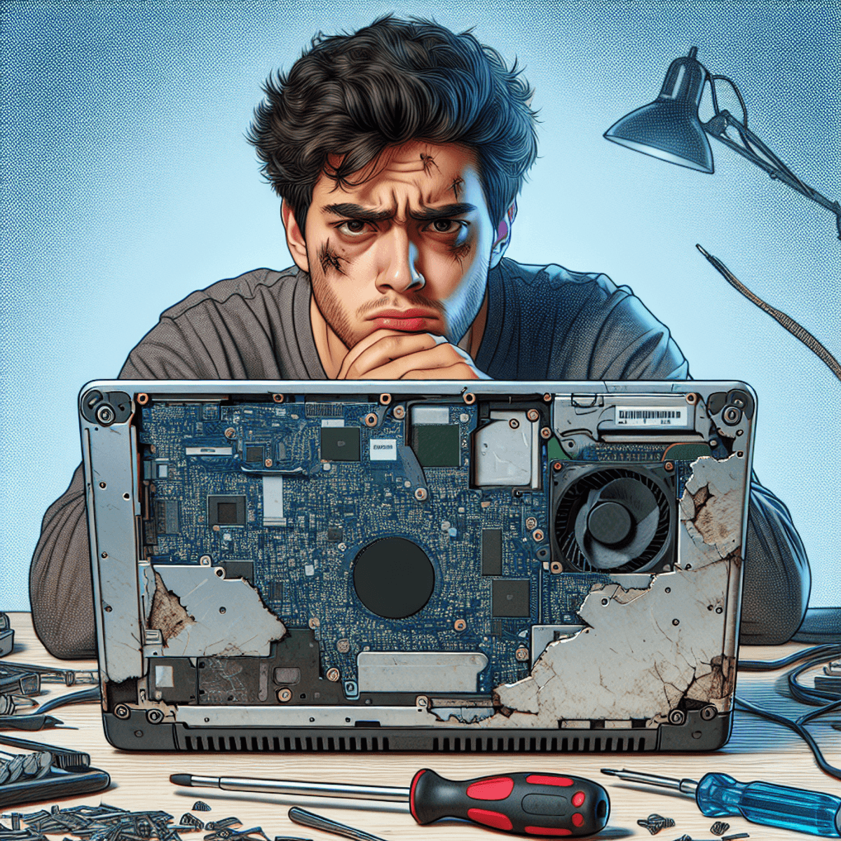 A young Hispanic man with a frustrated expression sits at a cluttered desk, staring at a battered refurbished laptop. The laptop shows visible signs of wear and tear, including scratches and dents. Surrounding him are various repair tools like screwdrivers and computer assembly parts, creating a disorganized atmosphere that emphasizes his disappointment with the quality of refurbished electronics.