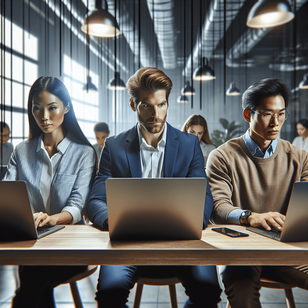 A Caucasian student with glasses and a focused expression, an Asian professional in smart attire with a confident demeanor, and a Hispanic non-profit worker wearing casual yet professional clothing, all gathered around a table with refurbished laptops. The workspace is modern and bright, featuring plants and collaborative areas, emphasizing innovation and teamwork, while showcasing the use of eco-friendly technology.