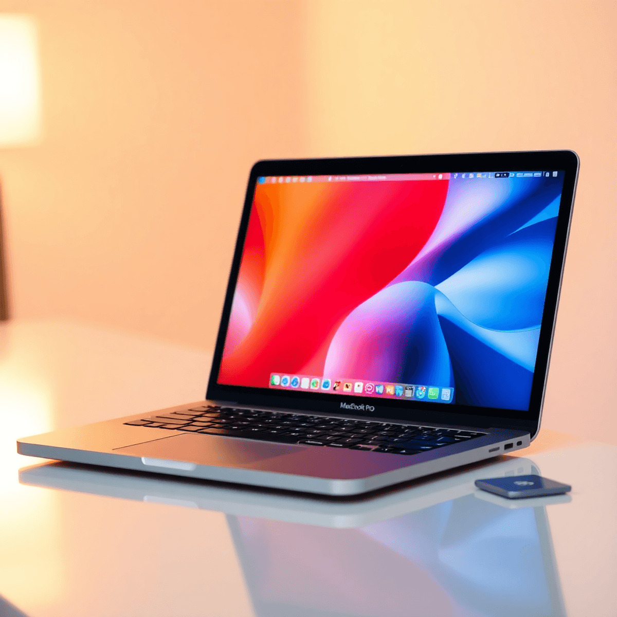 A sleek MacBook Pro on a minimalist desk, displaying a vibrant screen. Subtle savings symbols surround it, with a softly blurred background for a professional look.
