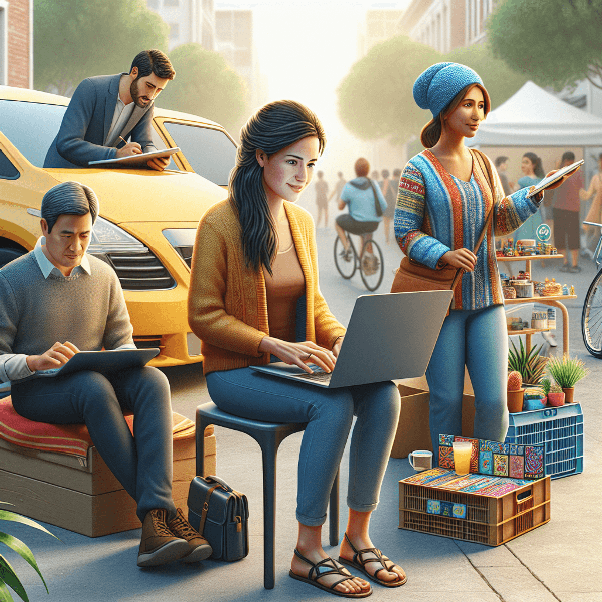 A vibrant scene showcasing a diverse group of individuals engaged in side hustle activities, including a Hispanic woman typing on a laptop, an Asian man in a parked car for ridesharing, and a Caucasian person selling colorful handmade crafts at a local market, all under bright sunlight, emphasizing positivity and opportunity.
