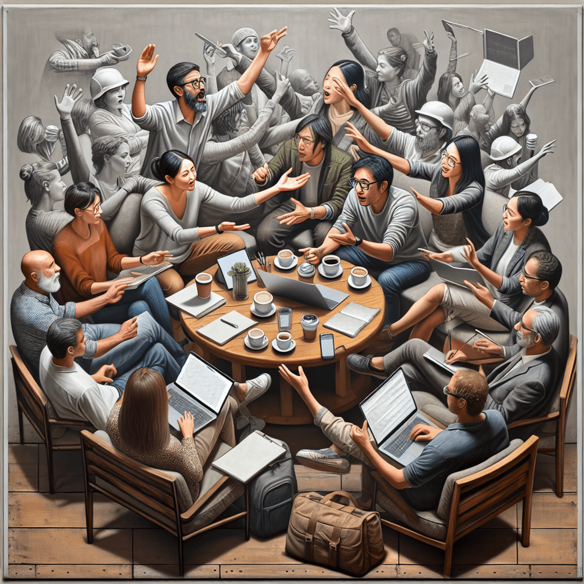 A diverse group of individuals, including a Caucasian woman and an Asian man, engaged in a lively discussion at a cozy coffee shop. They are surrounded by laptops, notebooks, and coffee cups, creating an atmosphere of collaboration and creativity. The warm lighting and casual furnishings enhance the inviting ambiance, highlighting their entrepreneurial spirit and teamwork.