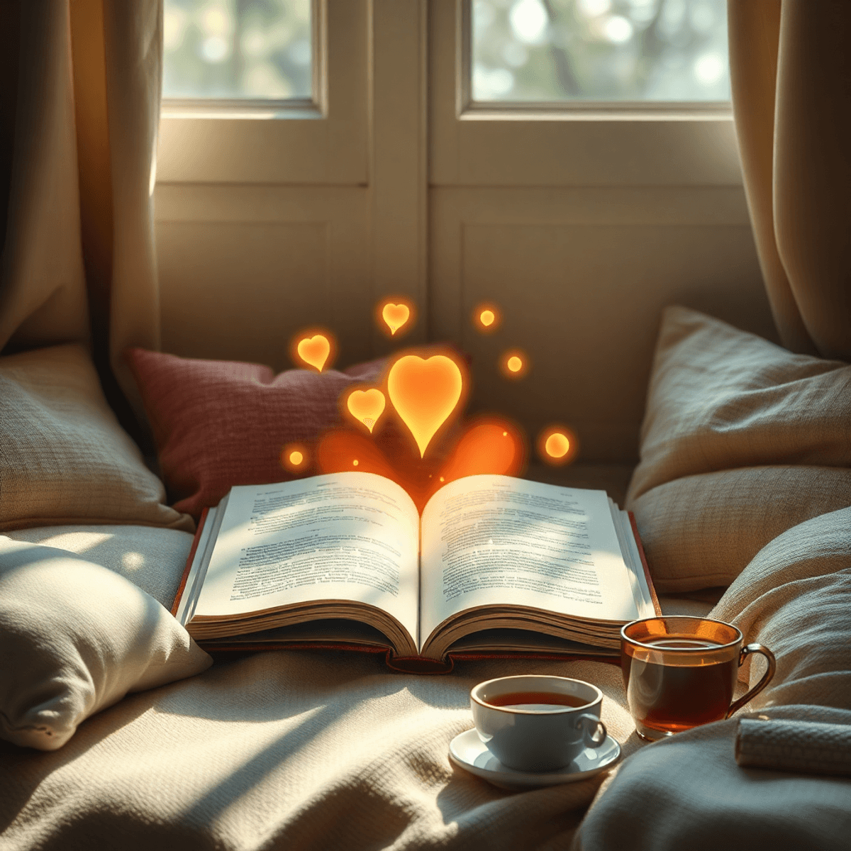 A cozy reading nook with an open book emitting glowing abstract shapes, soft cushions, and a warm cup of tea in gentle natural light.
