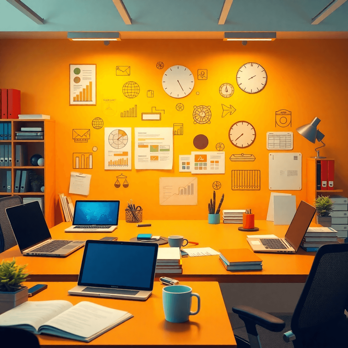 A modern office workspace filled with laptops, tablets, books, charts, and a coffee cup, showcasing a bright and inviting atmosphere of productivity and innovation.
