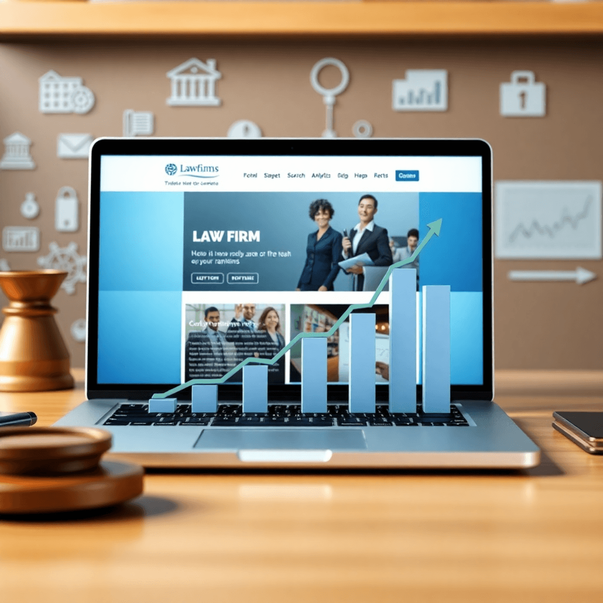 A laptop displaying a law firm's website with an upward trending graph, surrounded by SEO icons and analytics charts in a professional color scheme.Technical SEO Tips for Laredo Law Firms