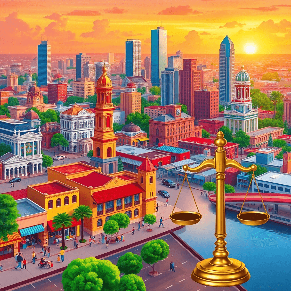A vibrant cityscape featuring bustling trade scenes, cultural landmarks, traditional architecture, family gatherings, and symbols of justice, reflecting growth and opportunity.