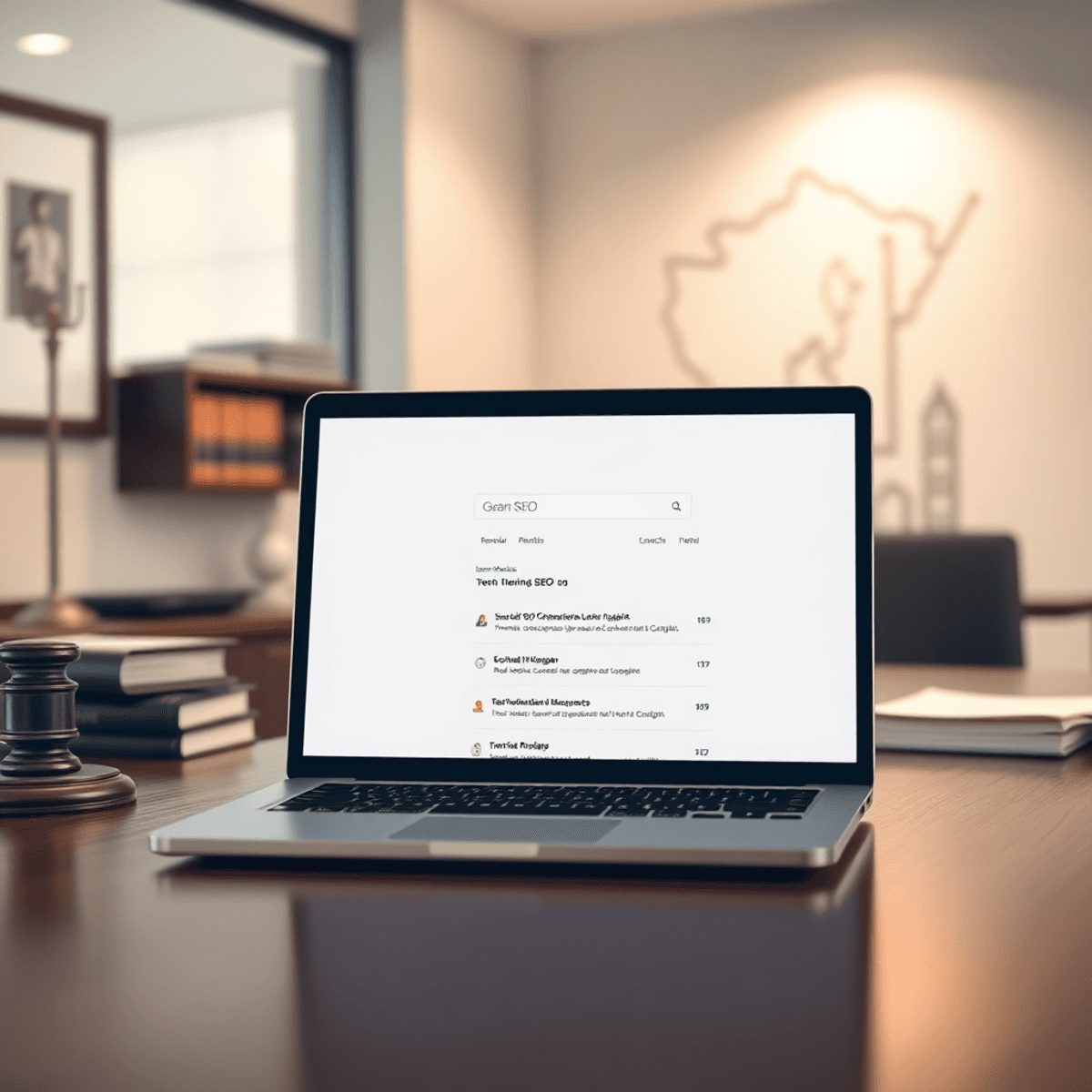 A modern law firm office with a laptop showing search engine results, surrounded by legal books and documents, warm lighting, and subtle local map elements.6 Technical SEO Tips for Laredo Law Firms