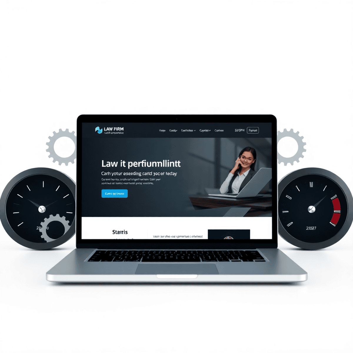 A laptop showing a modern law firm website, surrounded by gears and speedometers, set against a clean, professional background.6 Technical SEO Tips for Laredo Law Firms