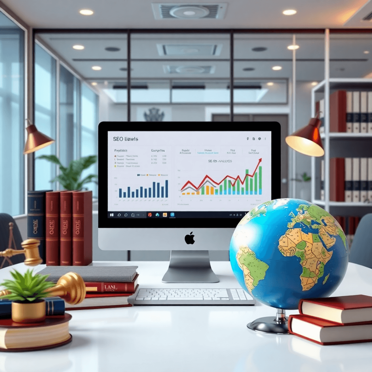 A modern law firm office featuring a computer with SEO analytics, bilingual legal books, and a globe, showcasing professionalism and innovation in legal services. Keyword Research