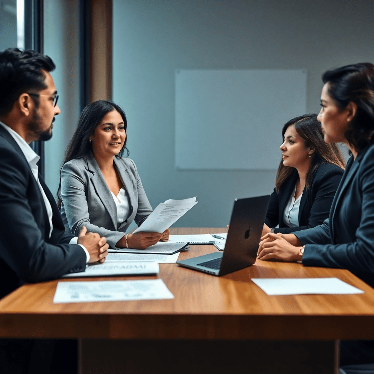 A group of lawyers engaged in a discussion around a table with legal documents and a laptop, symbolizing collaboration in a professional setting.