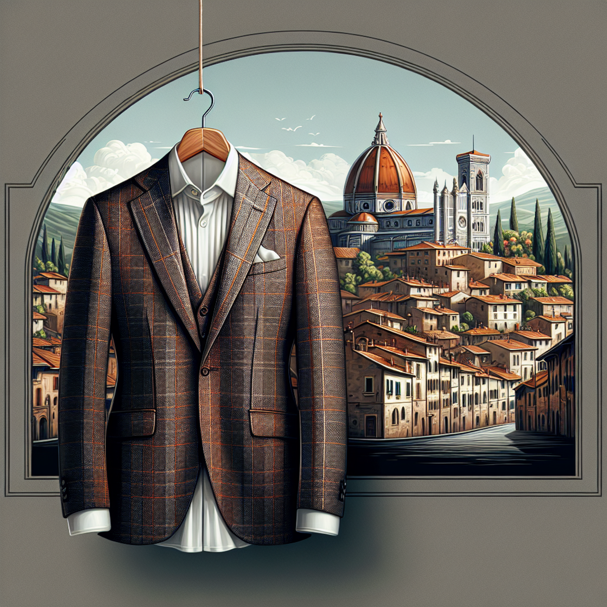 A stylish tailored suit hanging on a hanger with an Italian cityscape in the background.