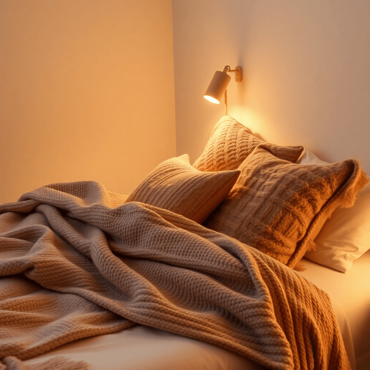 Cozy bedroom corner with a neatly made bed, layered textured throws, plush pillows, and a softly glowing bedside lamp creating a warm, inviting ambiance.