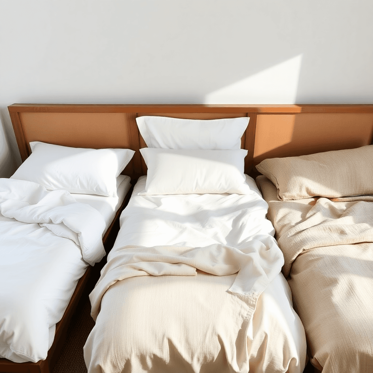 Cozy bedroom with three beds showcasing percale, sateen, and linen sheets in soft natural light, highlighting their distinct textures and inviting comfort.