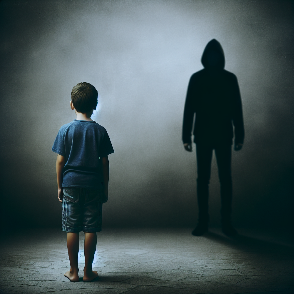 A young boy stands alone in the foreground, casting a long shadow on the ground. In the background, a dark, indistinct figure looms ominously.
