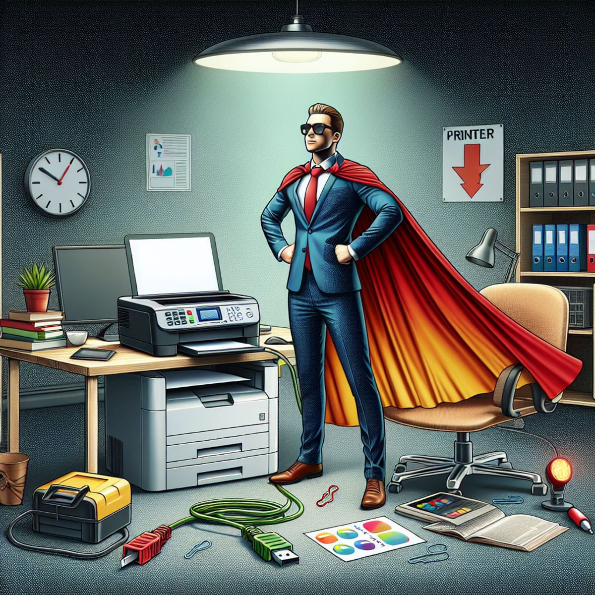 A printer with a vibrant cape draped around it, a disconnected cable, and an IT professional standing by with a toolkit to resolve the issue.