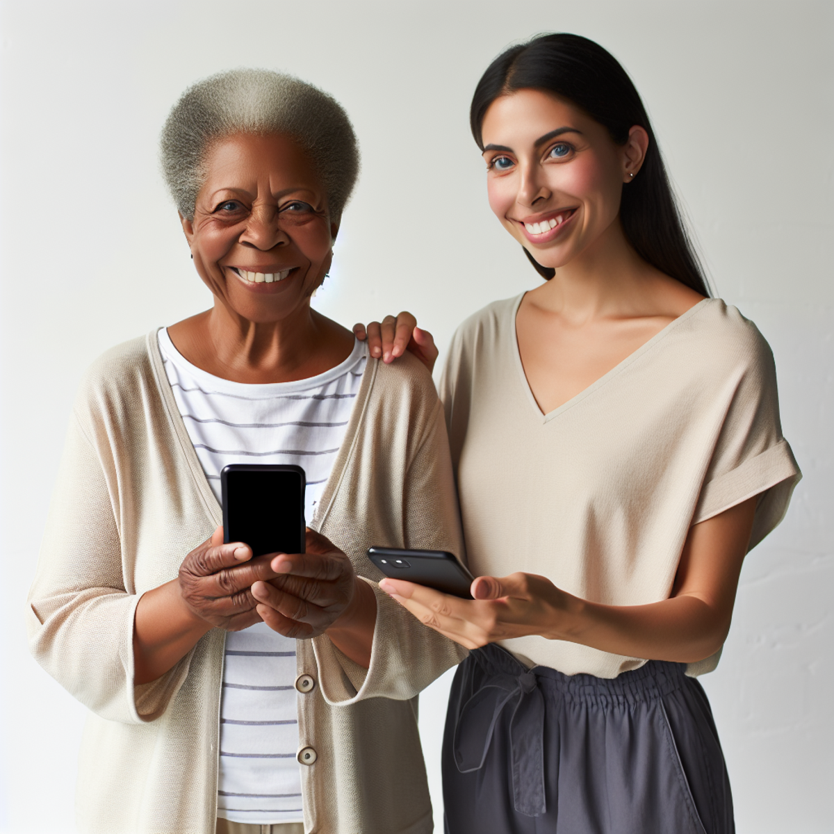 An older Hispanic person smiles while holding a smartphone, next to a younger black woman tech support who is helping them.