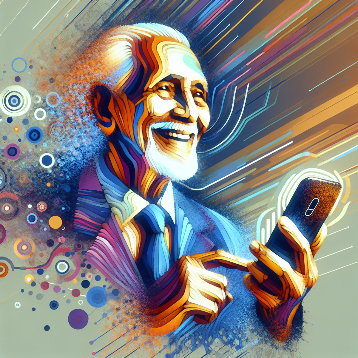 An elderly person using a smartphone with a smile on their face.