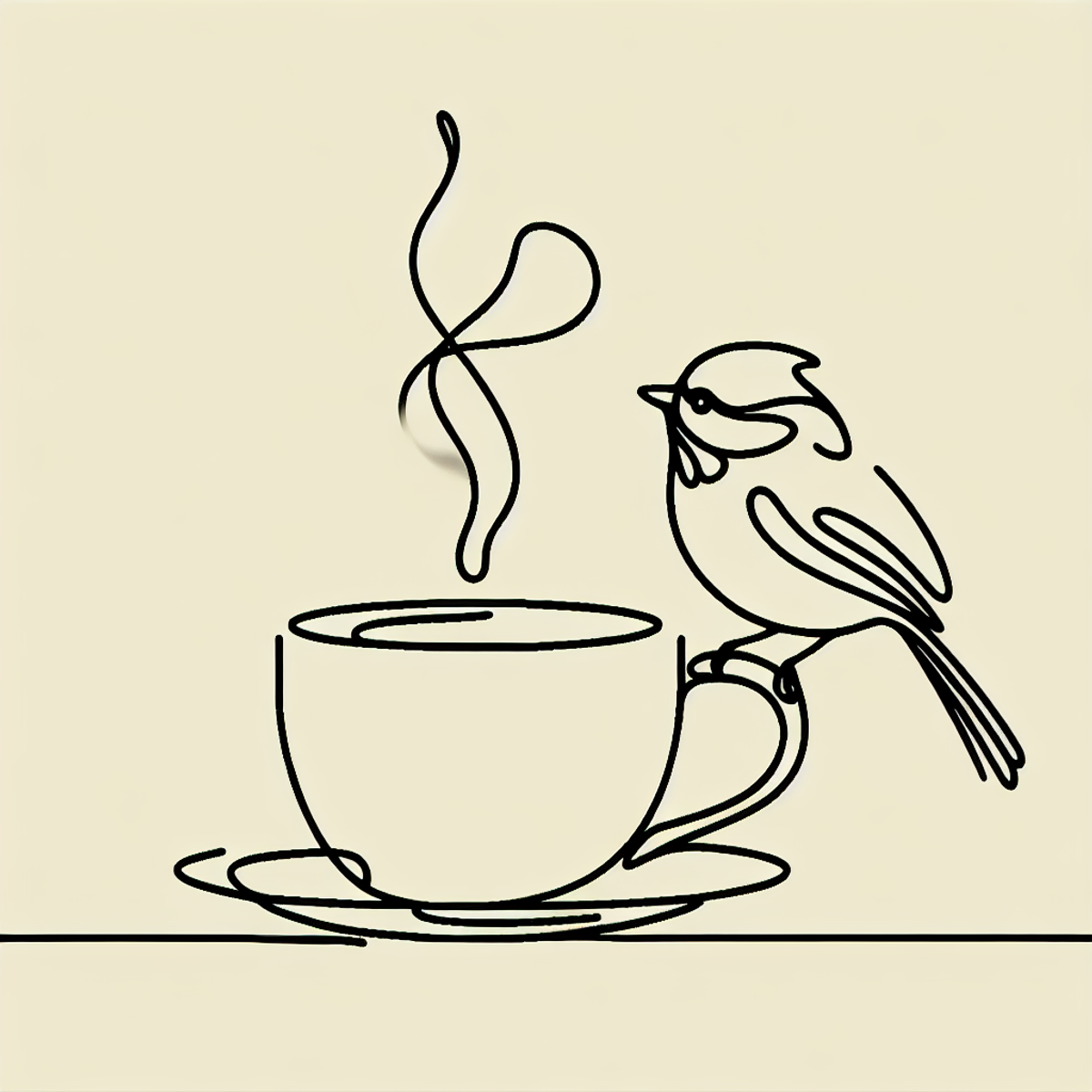 A chickadee perched on the rim of a steaming coffee cup in a minimalistic one-line drawing style.