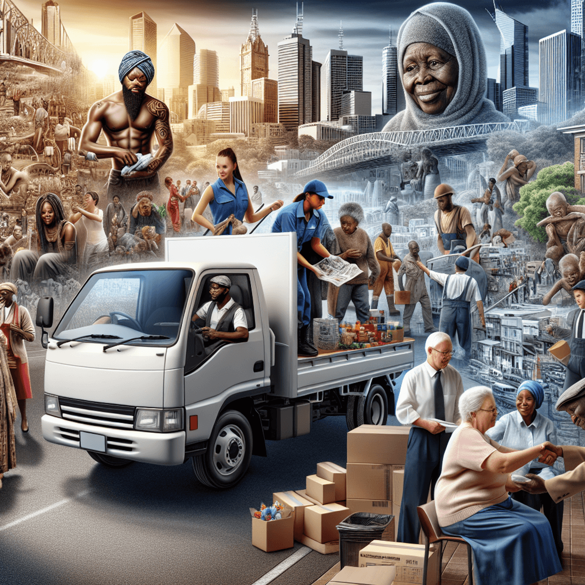 A vibrant, hyperrealistic scene showcasing a diverse group of black African individuals engaged in various occupations in an Australian city. In the foreground, a black African man confidently drives a delivery truck, while nearby, a black African woman gently assists an elderly person with a warm smile. In another section of the image, black African men and women are hard at work on a bustling construction site, wearing safety gear and collaborating on tasks. The backdrop features a recognizable Australian cityscape, with modern buildings and clear blue skies, symbolizing the range of employment opportunities available in the area.