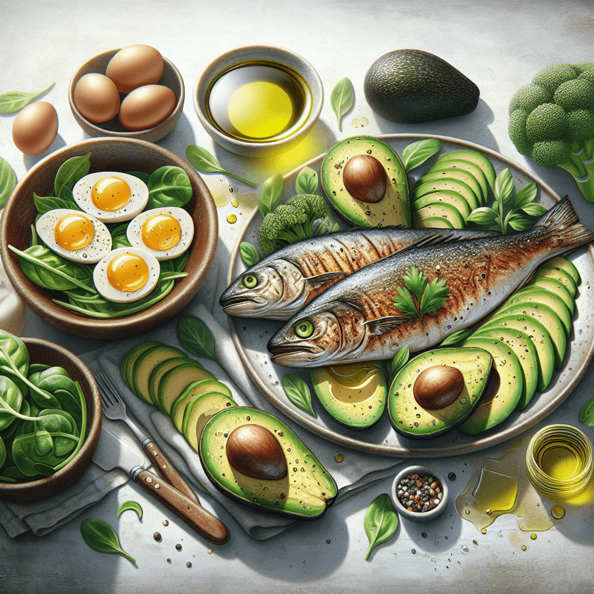 A beautifully arranged ketogenic meal on a light-colored table, featuring vibrant green avocado slices with a creamy texture, drizzled with olive oil over fresh, leafy greens. A plate of perfectly cooked fatty fish sits alongside appealingly arranged eggs, all showcasing their freshness and rich colors against the soft backdrop.