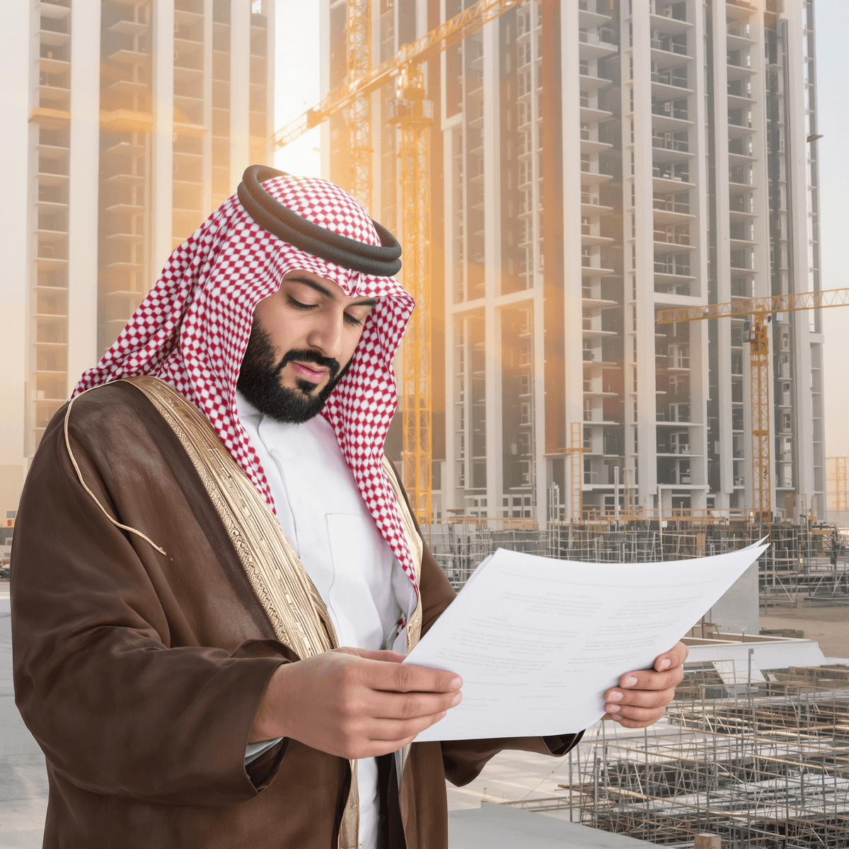 محامٍ محترف يقوم بمراجعة العقود القانونية في موقع بناء حديث، مما يرمز إلى الخبرة في قانون البناء.