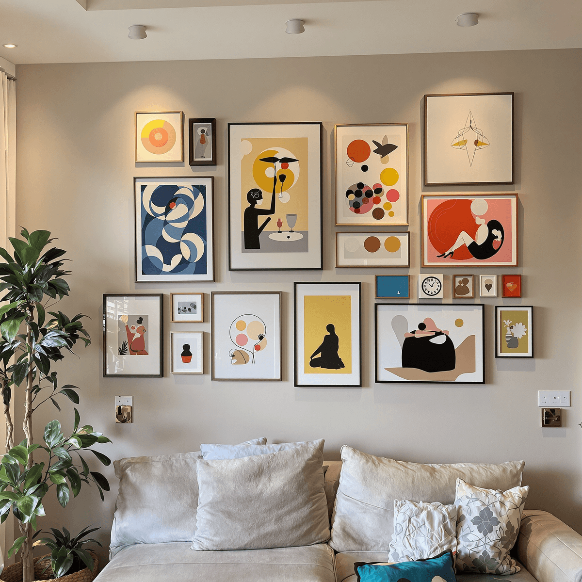 A cozy living room wall featuring stylish frames and colorful art pieces, blending minimalist and abstract designs, with potted plants adding greenery.