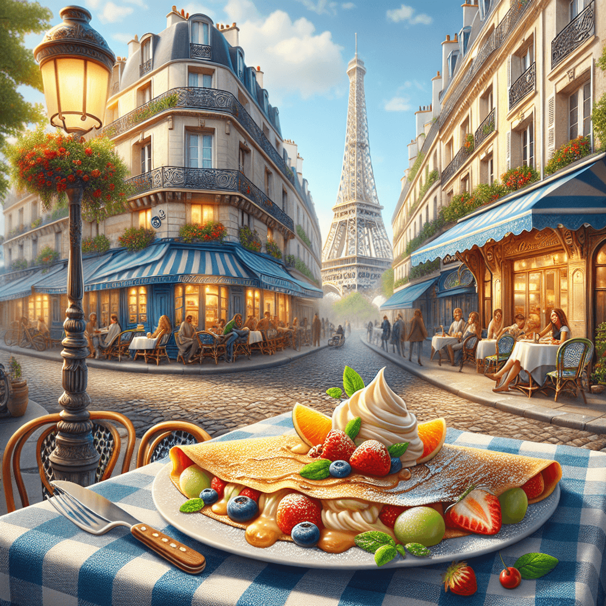 Une crêpe dorée garnie de fruits frais et saupoudrée de sucre glace sur un tissu à carreaux avec en toile de fond un paysage parisien.