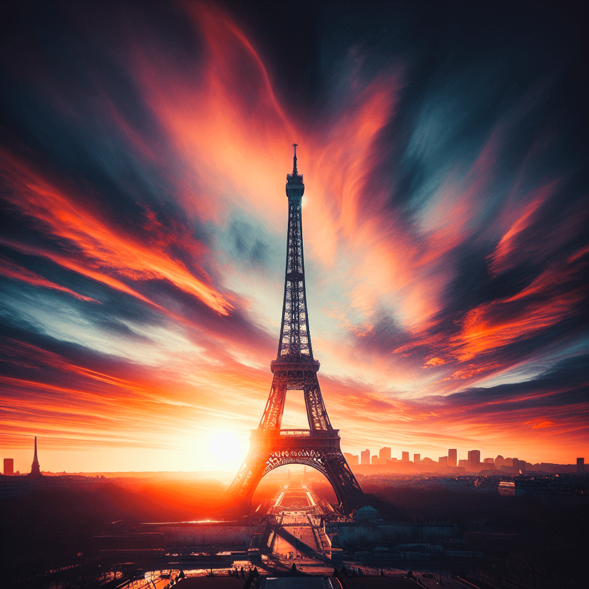 Silhouette de la Tour Eiffel contre un ciel de coucher de soleil vibrant.