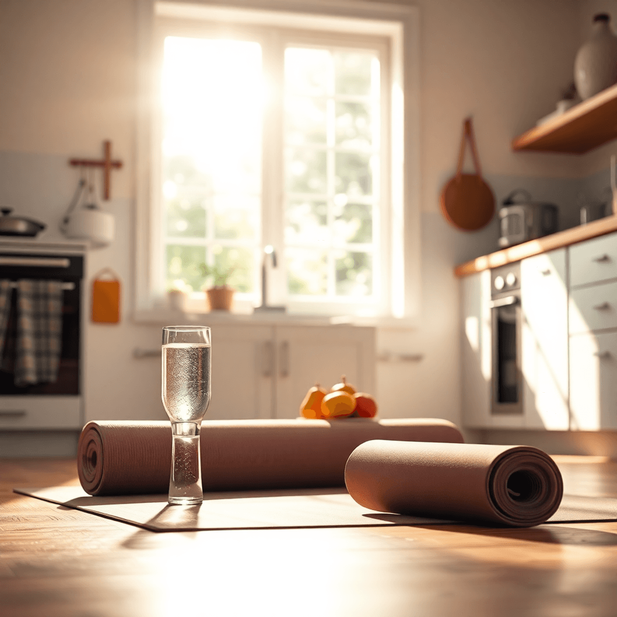 A sunlit kitchen with a glass of water, a bowl of fresh fruits, and a rolled yoga mat on the floor, creating a calm and positive morning atmosphere and healthy lifestyle habits.