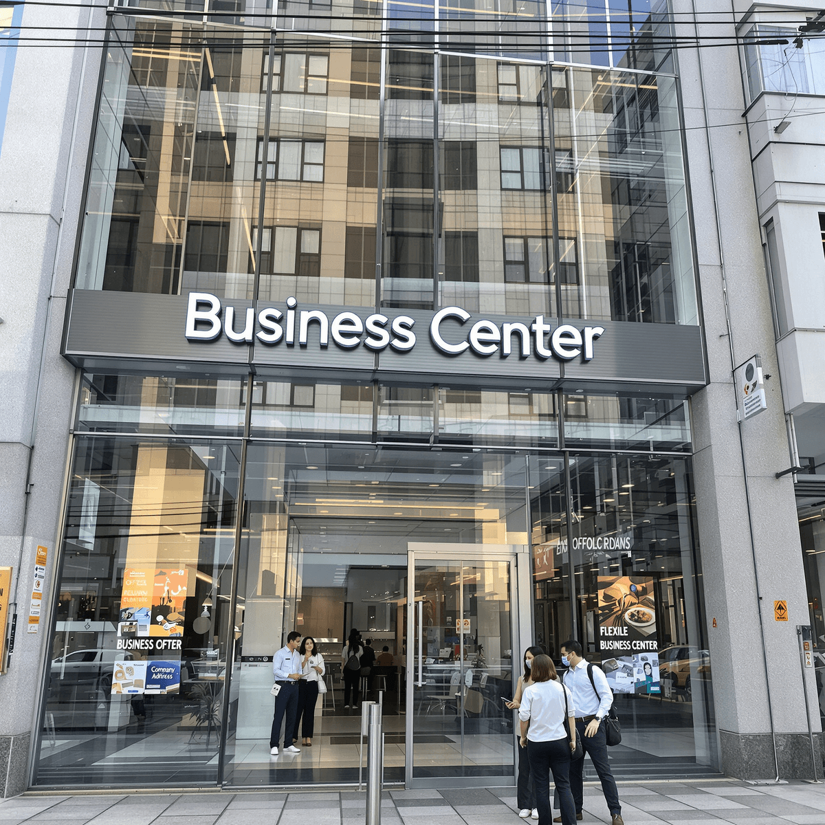 現代商務中心,擁有時尚的玻璃建築和在外討論的專業人士,突顯靈活的辦公室解決方案和公司地址服務。