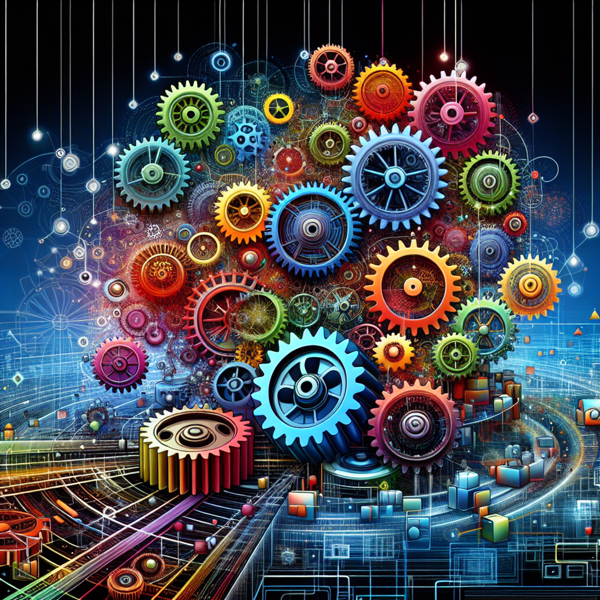 Interconnected gears in vibrant colors representing efficiency and automation.