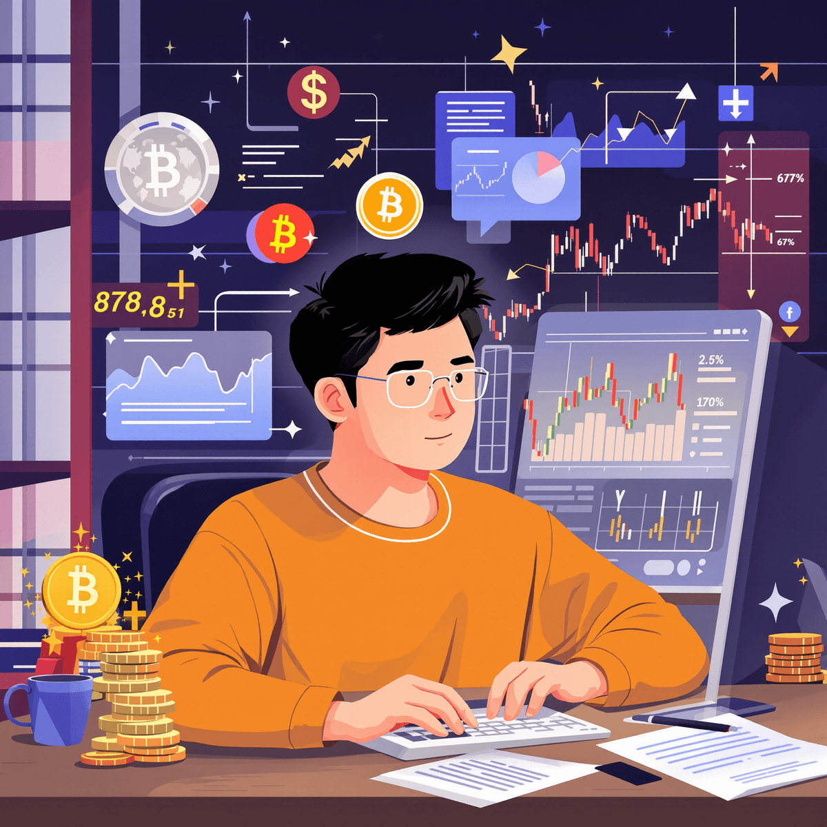A focused individual analyzing investment data on a computer, surrounded by cryptocurrency symbols and stock market graphs in a modern financial setting.