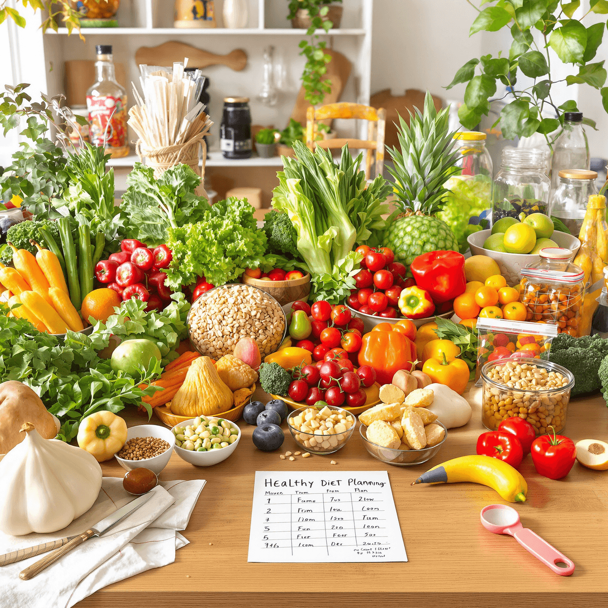 Bright kitchen with fresh vegetables, fruits, grains, lean proteins on a wooden table, handwritten meal plan, and measuring tools for DIY diet planning.