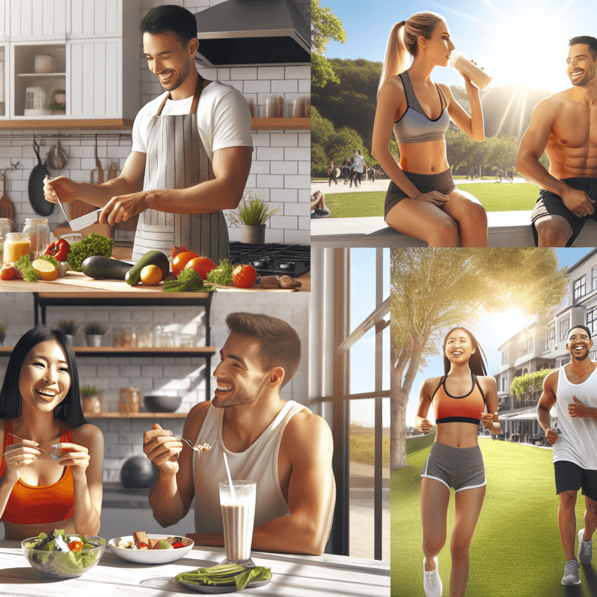 A vibrant scene depicting a diverse group of individuals engaged in healthy lifestyle activities: a Caucasian woman and a Hispanic man joyfully preparing a nutritious meal in a modern kitchen, surrounded by fresh ingredients; an Asian woman and a Caucasian man jogging together in a sunny green park, both smiling and dressed in workout attire; and a Hispanic woman and an Asian man sitting at an outdoor cafe, discussing weight loss goals while holding protein shakes. The background radiates positivity and motivation, emphasizing health and community.